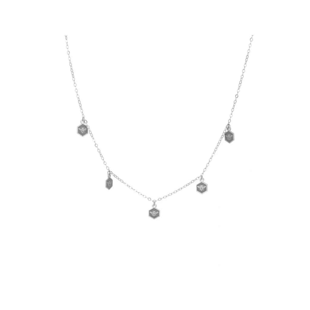 En halskæde med bi-vedhæng på hexagoner - rhodineret Sterlingsølv