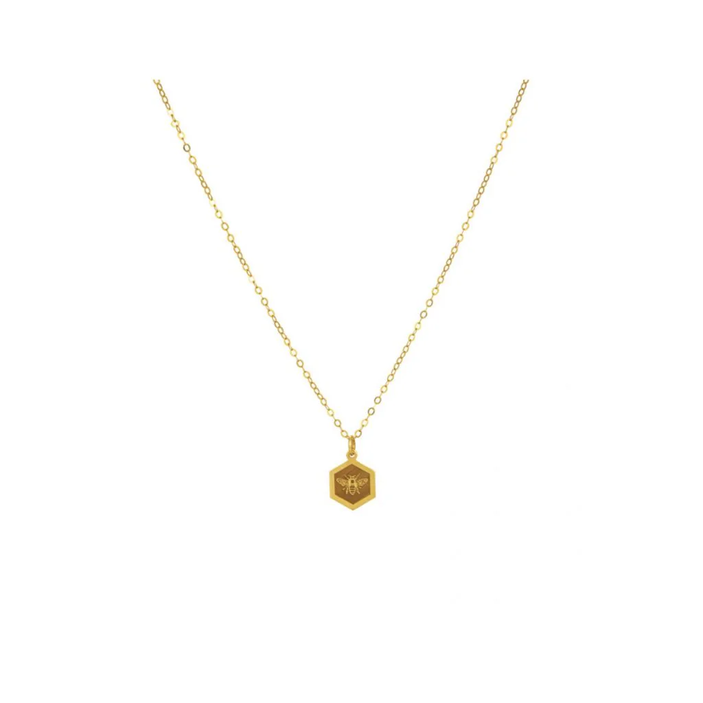 Halskæde med bi-vedhæng på hexagon i forgyldt sølv